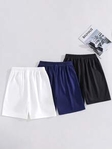 SHEIN 3件套 青少年男童度假学院风印花宽松直筒针织短裤，3种颜色 - 彩色 - 查看 3