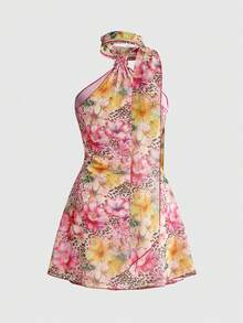 ROMWE Avant Conjunto de vestido mini con estampado de flores y leopardo, decoración de conchas, bufanda y collar, estilo vintage de playa para la Y2K - Multicolor - Ver 7
