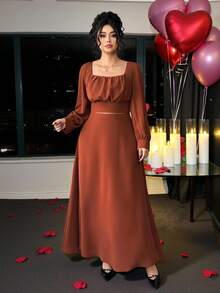 SHEIN Elenzya Bộ đồ nữ cổ vuông tay dài 2 món, áo cổ vuông + chân váy dài, trang phục thường ngày & thanh lịch, phù hợp cho mùa xuân/hè - màu nâu - Xem 5