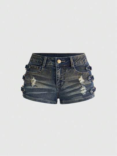 ROMWE J-Fashion Y2K涩谷辣妹千禧豹纹箔片交叉复古低腰超低腰女式牛仔短裤