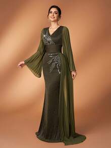 Serin Elegant Luxurious Green V-Neck Elastic Metallic Knit Mesh Sleeve Mermaid Skirt With Side Chiffon Ruffle, Suitable For Weddings, Parties, Vacations, Galas, Holidays, Mother Of The Bride Evening Gowns - Army Green - View 4