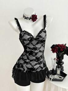 Elamini Áo hai dây ren thắt nơ thanh lịch dành cho nữ - Đen và trắng - Xem 7