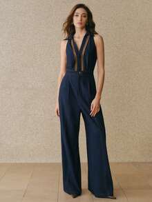 Anewsta 女士复古修身无袖高腰镂空刺绣免水洗牛仔连体裤，春夏喇叭连体裤，藏蓝色连体裤，女士连体裤，牛仔连体裤 - 藍色 - 查看 5