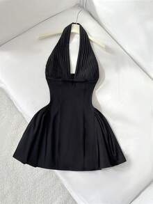 Elamini Vestido de linterna con pliegues, decoración de lazo y escote en V profundo, estilo retro dulce y picante para mujer - Negro - Ver 4