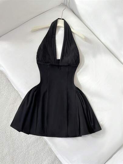 Elamini Women's Retro Sweet & Spicy Ruched Deep V Bowknot Decor Ruched Lantern Dress