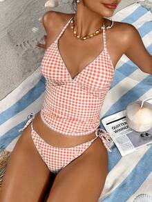 Swim Mod Sweet Cherry Plaid Bikini Set - Orange - View 1