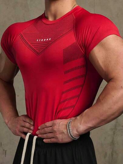 Manfinity Sport PWRUP Camiseta deportiva de manga raglán con gráfico de letra estilo novio, camiseta básica para entrenamiento, parte superior de gimnasio, camiseta de compresión navideña, camiseta ajustada transpirable de cuello redondo