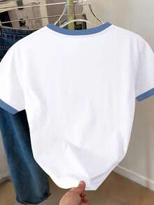 Áo thun ngắn tay cổ tròn in hình trái tim, phối viền tương phản màu trắng và xanh nhạt dành cho nữ tuổi teen, kiểu dáng ngọt ngào và tươi mới, chất liệu giả denim, thích hợp cho các buổi đi chơi, mùa xuân, hè, thu, dáng ôm hoặc dáng ngắn. - Nhiều màu - Xem 2