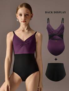 Tween Girls 2 Pieces Set: Burgundy Sleeveless Minimalist Jumpsuit And Skirt. High Stretch Dual-Tone Fabric Splice Design Fitted Ballet Leotard, Suitable For School, Professional Training, Ballet, Gymnastics, Dance Studio, Dancing, Dance Wear - Multicolor - View 1