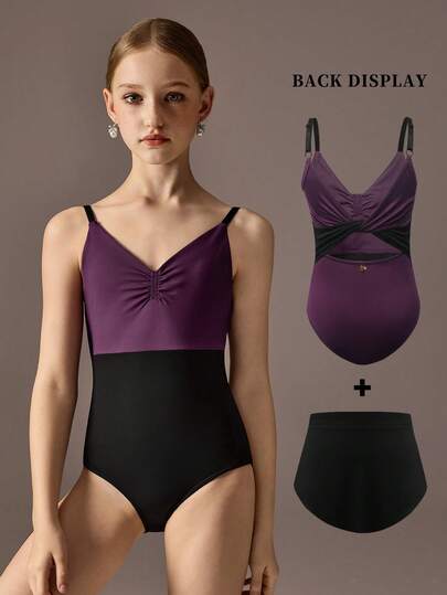 Tween Girls 2 Pieces Set: Burgundy Sleeveless Minimalist Jumpsuit And Skirt. High Stretch Dual-Tone Fabric Splice Design Fitted Ballet Leotard, Suitable For School, Professional Training, Ballet, Gymnastics, Dance Studio, Dancing, Dance Wear