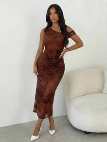 SHEIN Allurite Women's Elegant Sexy Velvet Floral Pattern Asymmetrical Shoulder Dress - Brown - View 3