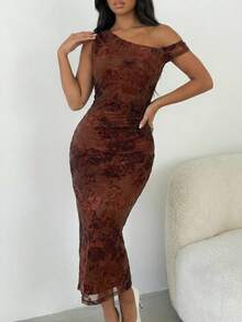 SHEIN Allurite Women's Elegant Sexy Velvet Floral Pattern Asymmetrical Shoulder Dress - Brown - View 5