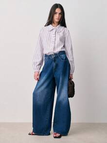 Nöista Regular Fit Blouse In Purple And White Stripes, Ruffles On Neck And Placket And Elastic Band On Cuffs. Casual Blouses For Women, Spring, Summer. - Purple - View 3