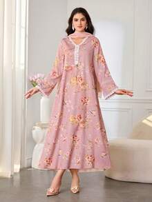 Al Najma Women's Elegant Floral Print Lace V-Neck Loose Long Arabic Dress - Pink - View 3