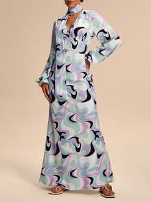 Breezaya 女士几何印花V领泡泡袖褶皱腰身设计优雅长袖连衣裙，多色 - 彩色 - 查看 3