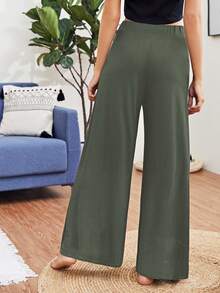 SHEIN Essnce 女士休闲日常通勤简约纯色宽松阔腿裤 - 綠色 - 查看 2