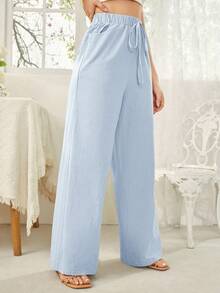 SHEIN Essnce Women's Drawstring Waist Pockets Casual Versatile Wide Leg Pants For Daily Wear - Baby Blue - View 3
