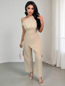 Vavine Women's Solid Color Asymmetric Hem Top And Wide Leg Pants Casual 2 Pieces Set, Spring/Summer - Khaki - View 6