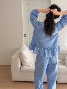 DAZY 格子荷叶边灯笼袖宽松女士睡衣套装 - 藍色 - 查看 2