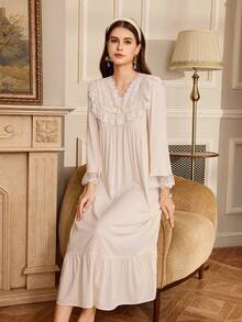PalaceNights Embroidered Ruffle V-Neck Long Sleeve Loose Women Nightgown - Beige - View 3