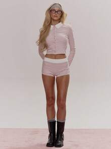 MUSERA Pink Stripe Autumn Cute Loungewear Picot Trim Collared Button Through Fitted Longsleeve Top With Mini Shorts Coord Sold As Set Girly Daily - Pink - View 5