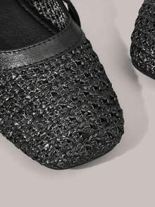 Styleloop Women Shoes Holiday Style Woven Shoes Noodle Belt Women's Flat Single Shoes Holiday Style Wear BOHO Wear American Retro Style Bohemian Style Western Style Music Festival Wear Party Wear Flat Women's Shoes - Black - View 3