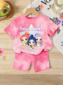 2pcs/Set Baby Girl Casual Fashionable K-POP Cartoon Girl Pentagram Tie-Dye Tie Dye Short Sleeve Knit T-Shirt And Matching Tie-Dye Shorts Set, Comfortable For Daily And Holiday Wear - Multicolor - View 2