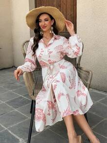 Vivie Lora Women's Patterned Allover Print Collared Waist-Cinched Mid-Length Dress Sundress Vacation - Baby Pink - View 7
