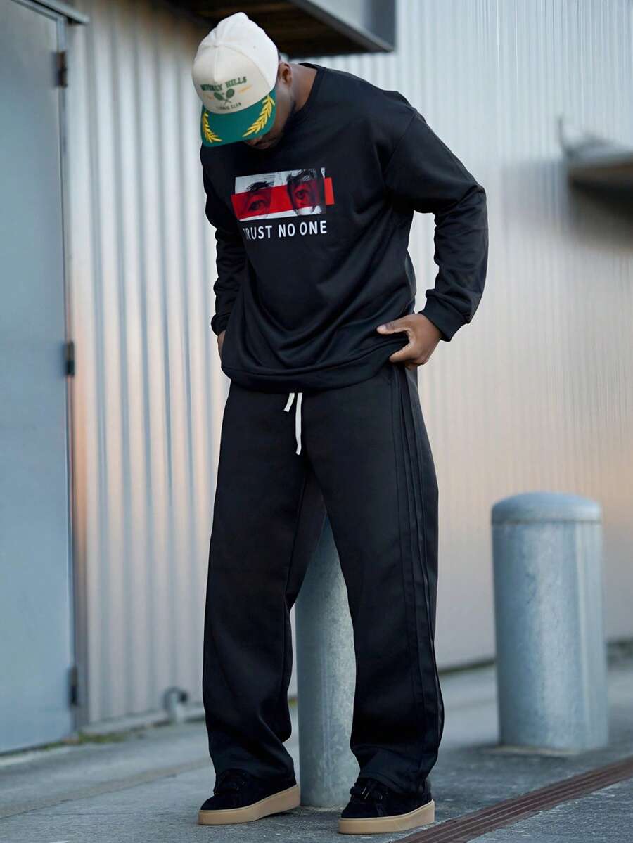 Heavens Edit 男士休闲字母印花圆领长袖宽松运动衫春秋季 - 黑色 - 查看 1