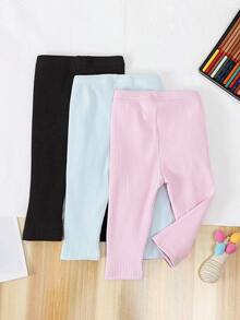 SHEIN Playful Pals 3件套女婴百搭休闲纯色弹力打底裤/长裤/紧身裤/婴儿裤套装，针织灯芯绒女婴打底裤，适合春、夏、秋、冬四季穿着 - 彩色 - 查看 2