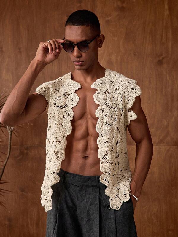 AKNOTIC Business Casual Men's Knitted Crochet Floral Pattern Loose Fit Sleeveless Knit Vest, Suitable For Summer, Vacation, Casual Wear, Party, Couple Matching, Men's Gift