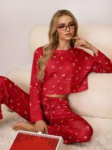 SHEIN Women's All-Over Print Long Sleeve Top And Pants Pajama Set - Red - View 1