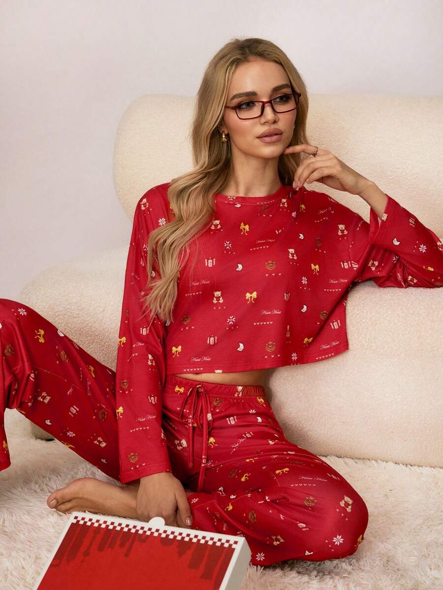 SHEIN Women's All-Over Print Long Sleeve Top And Pants Pajama Set - Red - View 1