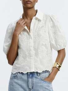 Maija 女士短款泡泡袖单排扣镂空休闲衬衫 - 白色 - 查看 1