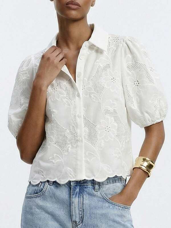 Maija 女士短款泡泡袖单排扣镂空休闲衬衫