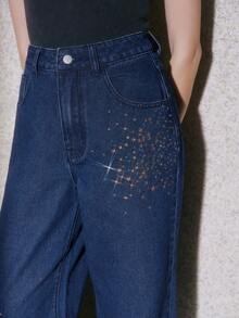 Anewsta Women's Romantic Glitter Straight Leg Jeans, Suitable For Valentine's Day Party And Vacation, Blue - Blue - View 2