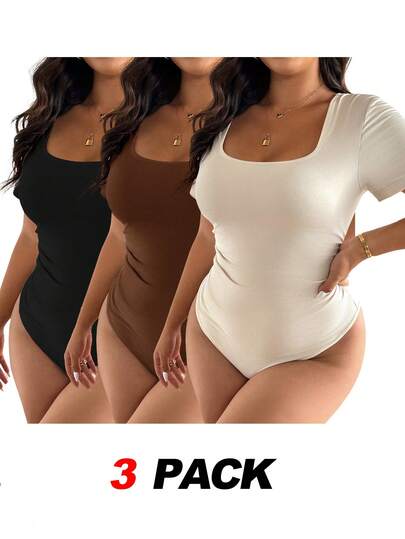 SHEIN Frenchy 3pcs/Set Plus Size Women's Fashionable Bodysuit, All-Match Black, Apricot, Coffee Color Versatile Casual Bodysuit