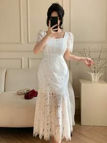 DAZY 女士蕾丝领短袖修身优雅长款连衣裙 - 白色 - 查看 3