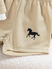 SHEIN Playful Pals 3-Pack Baby Boy Summer Blue Round Neck 2 In 1 Top And Shorts With Hat, Waffle Fabric, Suitable For Daily Outdoor Play, School, Vacation, Elegant Style, Suitable For Family Leisure, Sports And Gatherings - Khaki - View 4