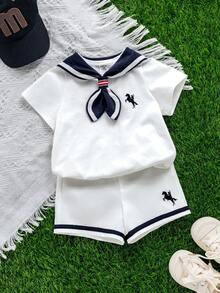 SHEIN 3pcs/Set Unisex Baby Boy Sailor Style Outfit,White Summer Knit Top,Shorts & Navy Blue Cape Set,Elegant Page Boy Clothes For Wedding Christening Gift - White - View 7