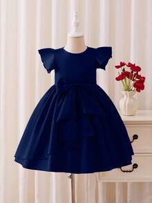 Glamorique Kids Đầm satin tay ngắn màu đỏ tía cao cấp, thanh lịch dành cho bé gái, trang phục dự tiệc. - Màu xanh hải quân - Xem 7
