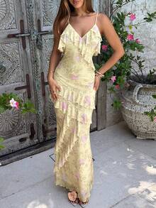 Aloruh Đầm đi biển dáng ôm thanh lịch dành cho nữ, có viền bèo nhún và họa tiết hoa. - Nhiều màu - Xem 6