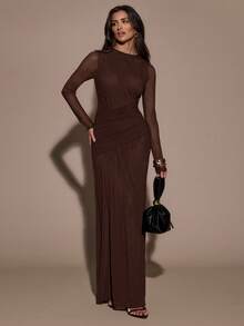 SHEIN BAE Đầm cổ tròn phối lưới thanh lịch dành cho nữ, thích hợp cho mùa thu. - Cà phê nâu - Xem 3