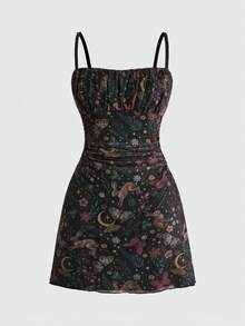 ROMWE Fairycore Spring/Summer Women's Retro Mori Style Rabbit, Moth, Leaf Print Short Dress - Brown - View 1
