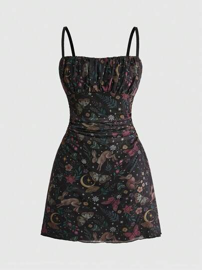 ROMWE Fairycore 女士复古森系兔子、飞蛾、树叶印花短裙