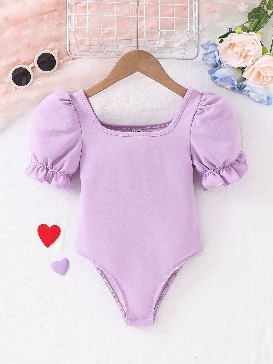 SHEIN 女童纯色翻领泡泡袖连体裤 - 淡紫色 - 查看 1