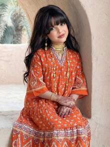 SHEIN 少女碎花V领荷叶边休闲宽松日常及派对连衣裙 - 橘色 - 查看 1