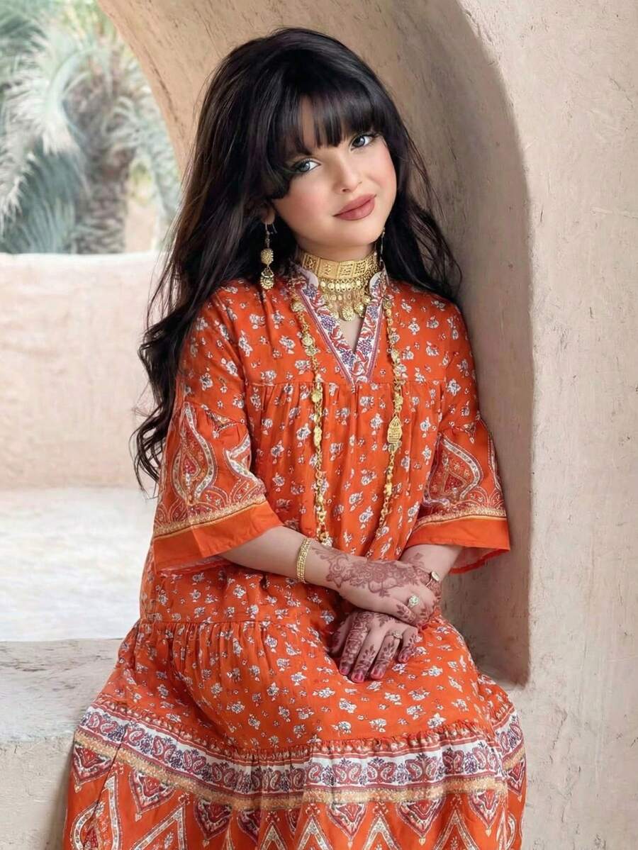 SHEIN 少女碎花V领荷叶边休闲宽松日常及派对连衣裙 - 橘色 - 查看 1