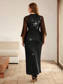 Flirla Stunning Plus Size Black Sparkle Long Dress With Three Quarter Split Sleeves Wrap Detail And V Neck For Parties - Black - View 2