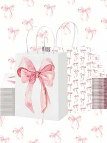 粉色蝴蝶结礼品袋，12个装 - 可重复使用的牛皮纸礼品袋，带提手，适用于婚礼、生日、婴儿派对、单身派对回礼、圣诞礼物和派对装饰 - 彩色 - 查看 2